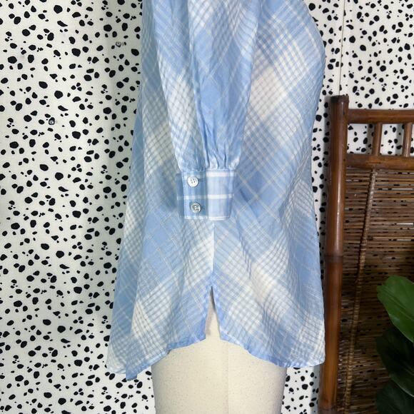 Veronica Beard | Plaid Print Blue White Semi Sheer Short Sleeve Button Blouse M - Picture 6 of 11